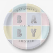 パステルカラーブロックシルバーベビーシャワー ペーパープレート (正面)
