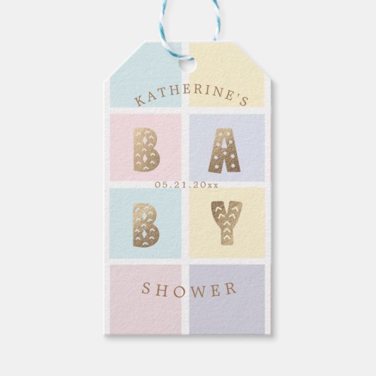 パステルカラーブロック金ゴールドベビーシャワー ギフトタグ (正面)