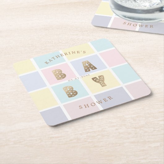 パステルカラーブロック金ゴールドベビーシャワー スクエアペーパーコースター (アングル)