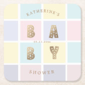 パステルカラーブロック金ゴールドベビーシャワー スクエアペーパーコースター (正面)