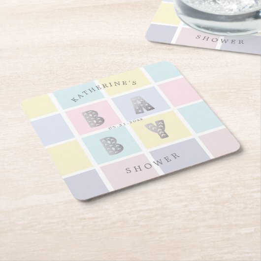 パステルカラーブロック銀ベビーシャワー スクエアペーパーコースター (アングル)