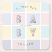 パステルカラーブロック銀ベビーシャワー スクエアペーパーコースター (正面)