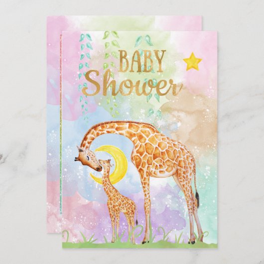 パステルカラーマザーとベビーキリン赤ちゃんシャワー 招待状 (正面/裏面)