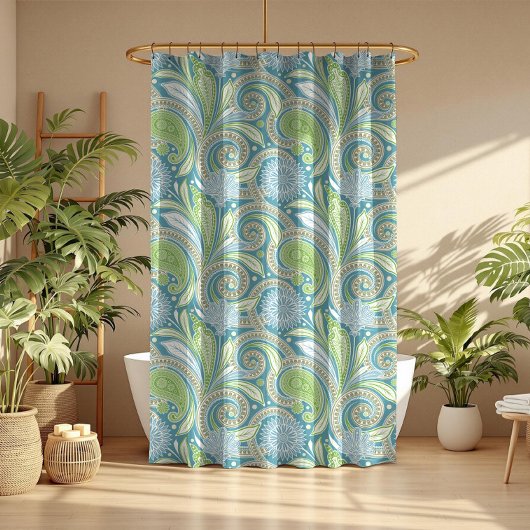 パステルカラーヴィンテージフローラペイズリーパターン シャワーカーテン