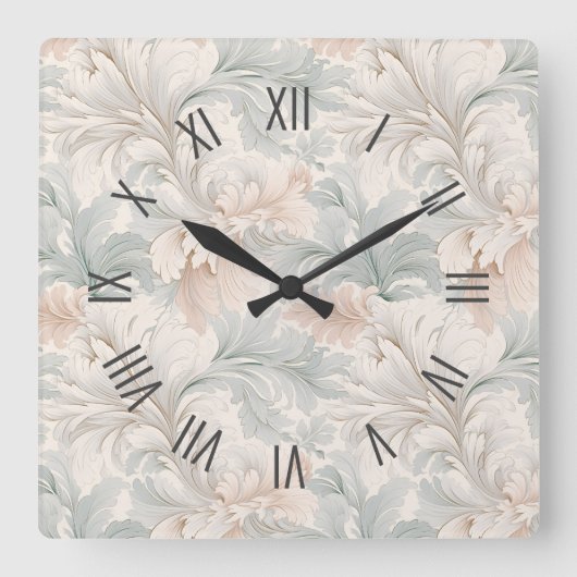 パステルカラー繊細な装飾フローラモチーフ スクエア壁時計 (正面)