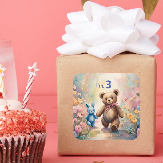 パステルガーデンのテディベアとバニー スクエアシール (パーティー)