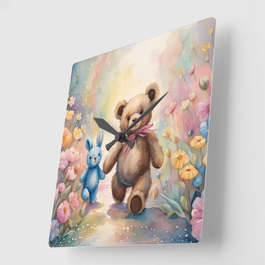 パステルガーデンのテディベアとバニー スクエア壁時計 (傾斜)