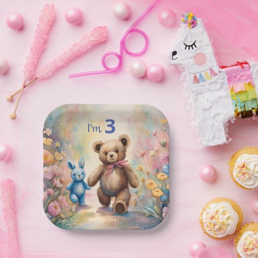 パステルガーデンのテディベアとバニー ペーパープレート (パーティー)