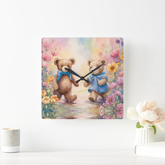 パステルガーデンのテディベア スクエア壁時計 (ホーム)