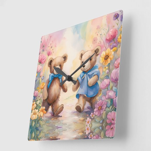 パステルガーデンのテディベア スクエア壁時計 (傾斜)