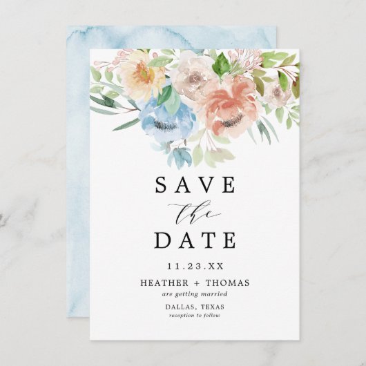 パステルガーデンブルーウォーターカラーフローラ セーブザデート (正面/裏面)