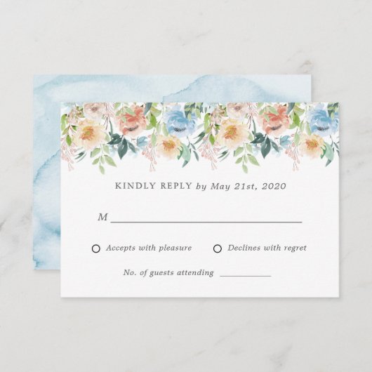 パステルガーデンブルーフローラウェディングRSVP返信カード 出欠カード (正面/裏面)
