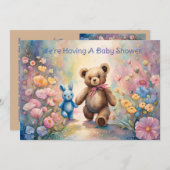 パステルガーデンベビーシャワーのテディベアとバニー 案内状 (正面/裏面)