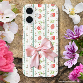 パステルガーリーいちごピンク白ブルーレース iPhone 16ケース