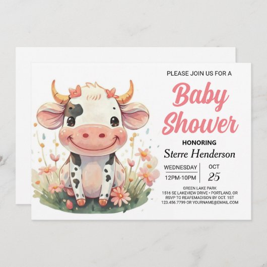 パステルガーリーかわいい牛の赤ちゃんシャワー 招待状 (正面/裏面)