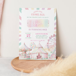 パステルガーリーカラーカーニバルサーカス子供の誕生日 招待状