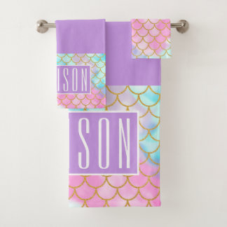 パステルガーリーグラデーション金ゴールドグリッターマーメイド名 バスタオルセット
