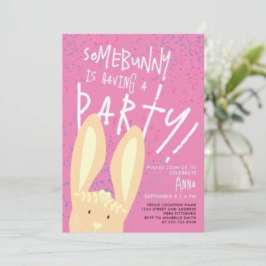 パステルガーリーピンクドット付き可愛いバニーパーティー 招待状 (スタンド正面)