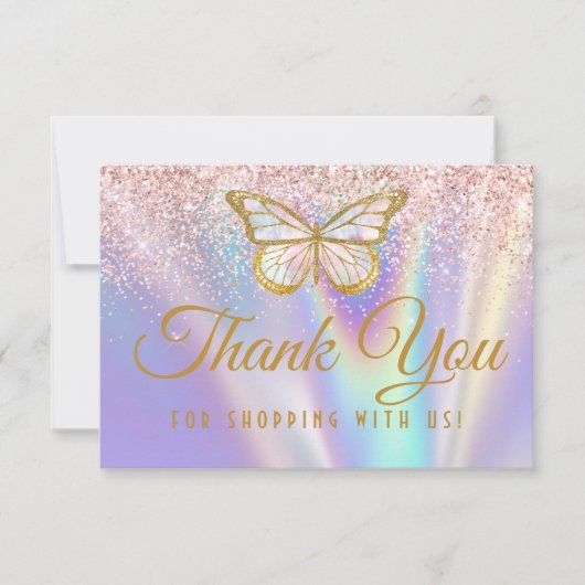 パステルガーリーピンク薄紫バタフライグリッター散布 サンキューカード (正面)