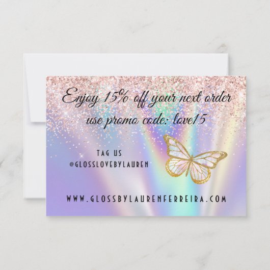 パステルガーリーピンク薄紫バタフライグリッター散布 サンキューカード (裏面)