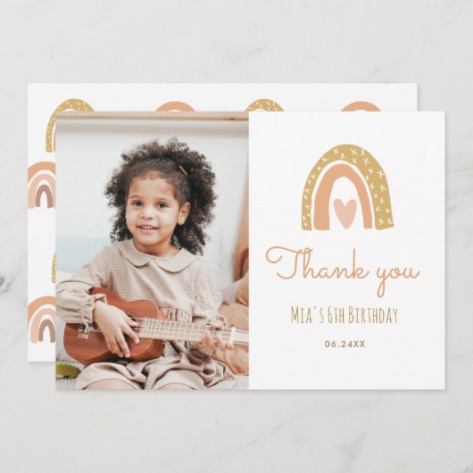 パステルガーリーレインボー6th誕生日写真ありがとう 招待状 (正面/裏面)