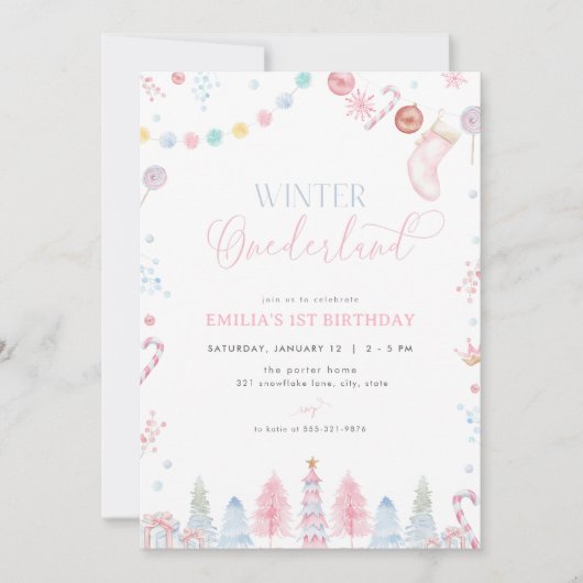 パステルガールウィンターオネダーランド誕生日招待状 招待状 (正面)