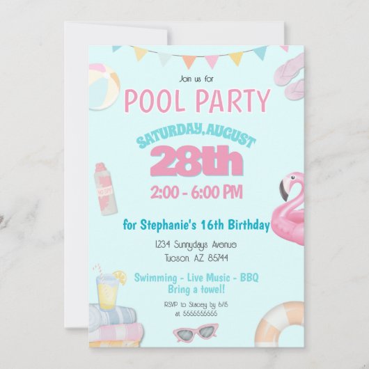 パステルガールズサマープールバースデーパーティーの招待 招待状 (正面)