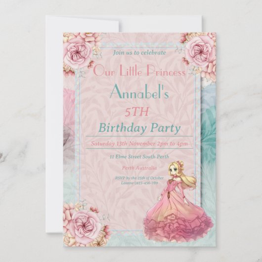 パステルガールズバースデーパーティー私たちのリトルプリンセス 招待状 (正面)
