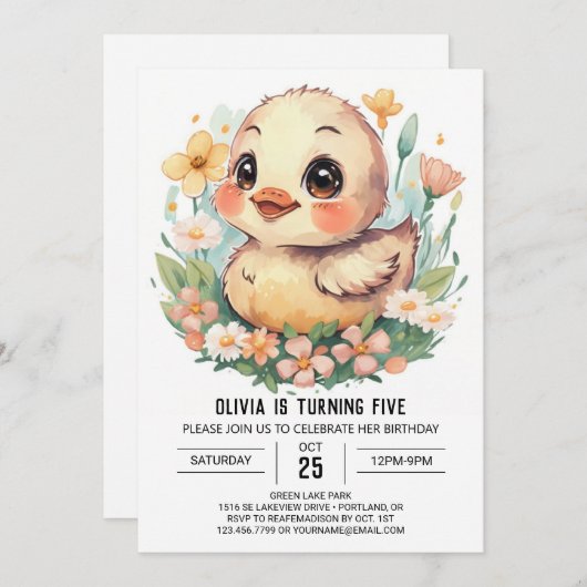 パステルガールダック誕生日 招待状 (正面/裏面)