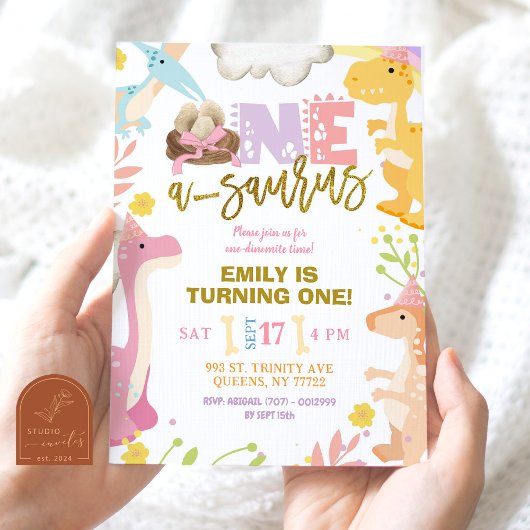 パステルガールA-Saurus恐竜の最初の誕生日パーティー 招待状