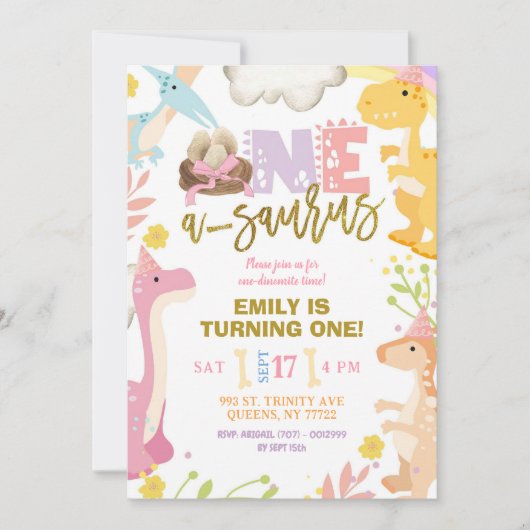 パステルガールA-Saurus恐竜の最初の誕生日パーティー 招待状 (正面)