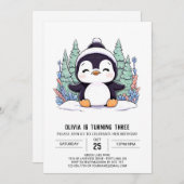 パステルキッズペンギンデジタル誕生日 招待状 (正面/裏面)