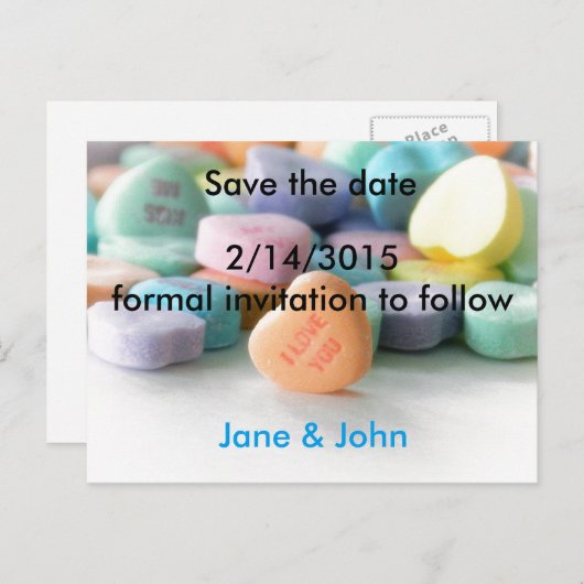 パステルキャンディハート結婚式は日付ポストカードを保存 案内ポストカード (正面/裏面)
