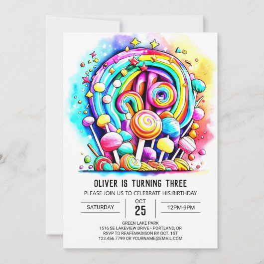 パステルキャンディランドプリント可能誕生日 招待状 (正面)