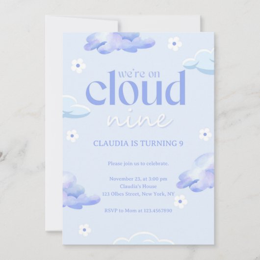 パステルキュートクラウドナインガールズアンドボーイズ9誕生日 招待状 (正面)