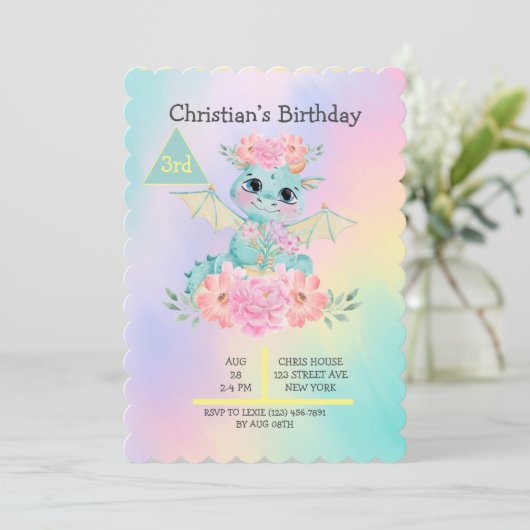 パステルキュートティール(緑がかった色)ドラゴンガールズバースデーパーティー 招待状 (スタンド正面)