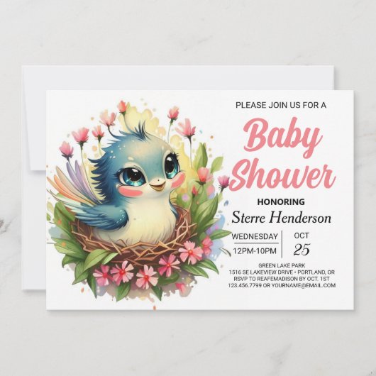 パステルキュートピンクバードベビーシャワー 招待状 (正面)