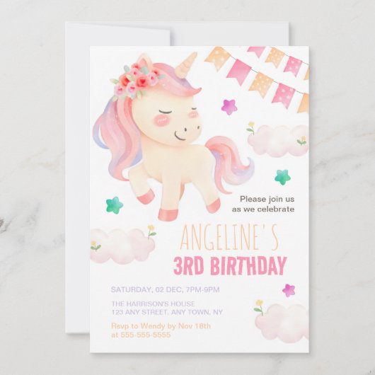 パステルキュートユニコーンバンティンフラッグガール誕生日 招待状 (正面)