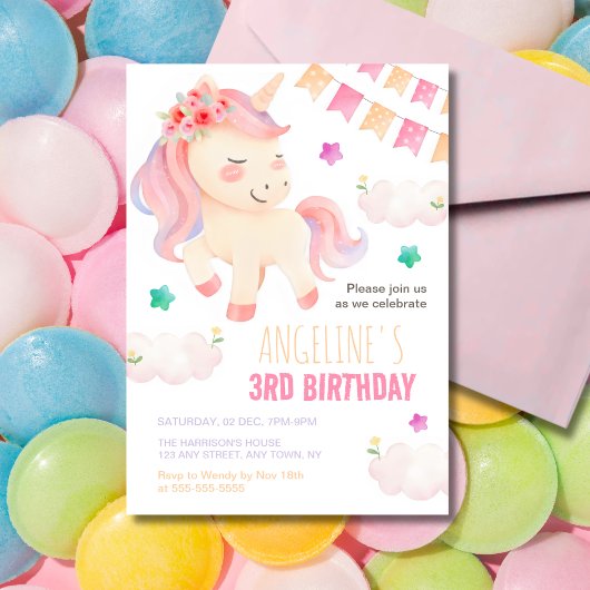 パステルキュートユニコーンバンティンフラッグガール誕生日 招待状