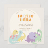 パステルキュート図解入りの、写真付きの恐竜子供の誕生日 招待状 (正面/裏面)