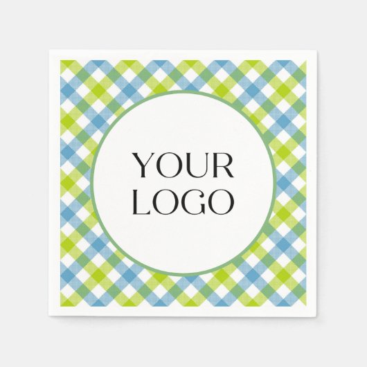 パステルギンガムナプキン あなたのロゴはこちら 青 緑 スタンダードカクテルナプキン (正面)