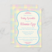 パステルギンガムプレイドピンク青ベビー散布機 招待状 (正面/裏面)