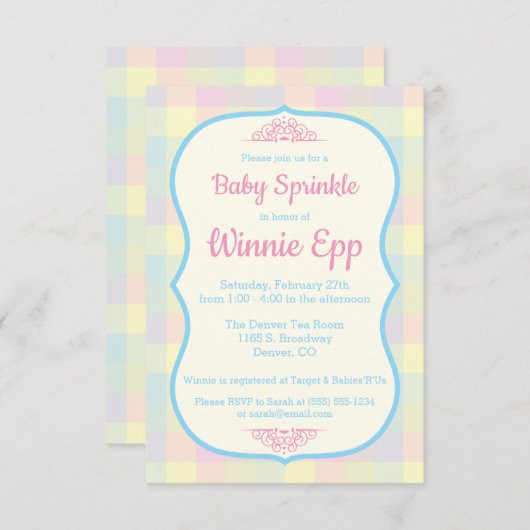 パステルギンガムプレイドピンク青ベビー散布機 招待状 (正面/裏面)