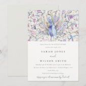 パステルクラシーウォーターカラーピーコックカップルカップルシャワー 招待状 (正面/裏面)