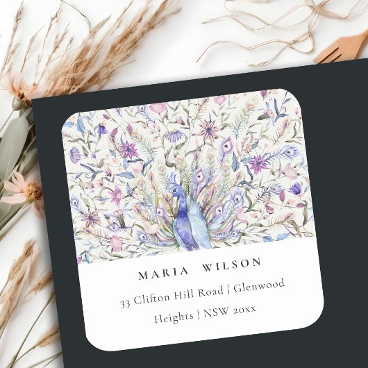 パステルクラシー華美ウォーターカラーピーコックアドレス スクエアシール