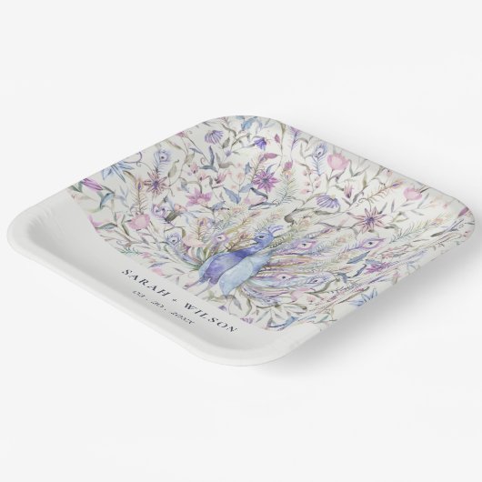 パステルクラッシー華美ウォーターカラーピーコック結婚ズ ペーパープレート (傾斜あり)