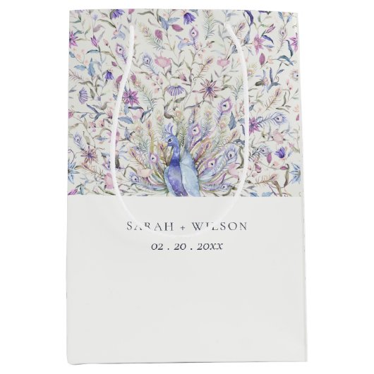 パステルクラッシー華美ウォーターカラーピーコック結婚ズ ミディアムペーパーバッグ (正面)