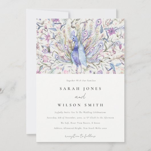 パステルクラッシー華美ウォーターカラーピーコック結婚ズ 招待状 (正面)