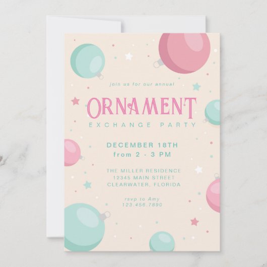 パステルクリスマスオーナメントエクスチェンジホリデーパーティー 招待状 (正面)