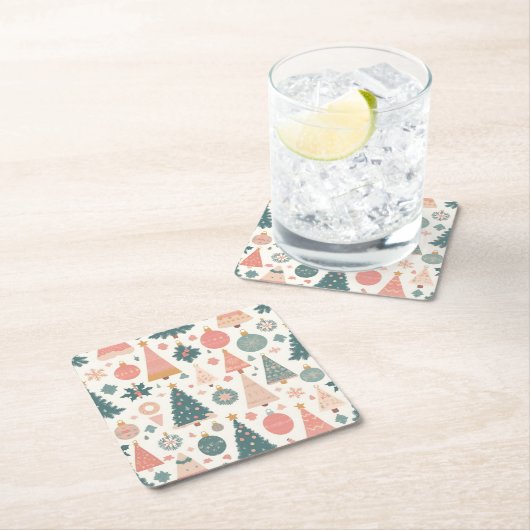 パステルクリスマスツリーオーナメントズホリデイ スクエアペーパーコースター (インサイチュ)